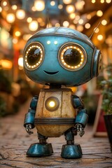 Fototapeta premium A blue and brown robot standing on a brick walkway