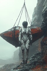 Naklejka premium A man in a space suit carrying a large object on a chain