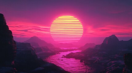 80s style striped sun setting over a synthwave landscape, sunset, sunrise, 80s, retro, vintage, arcade game, synthwave, neon