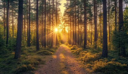 Fototapeta premium Golden sunset through pine forest path
