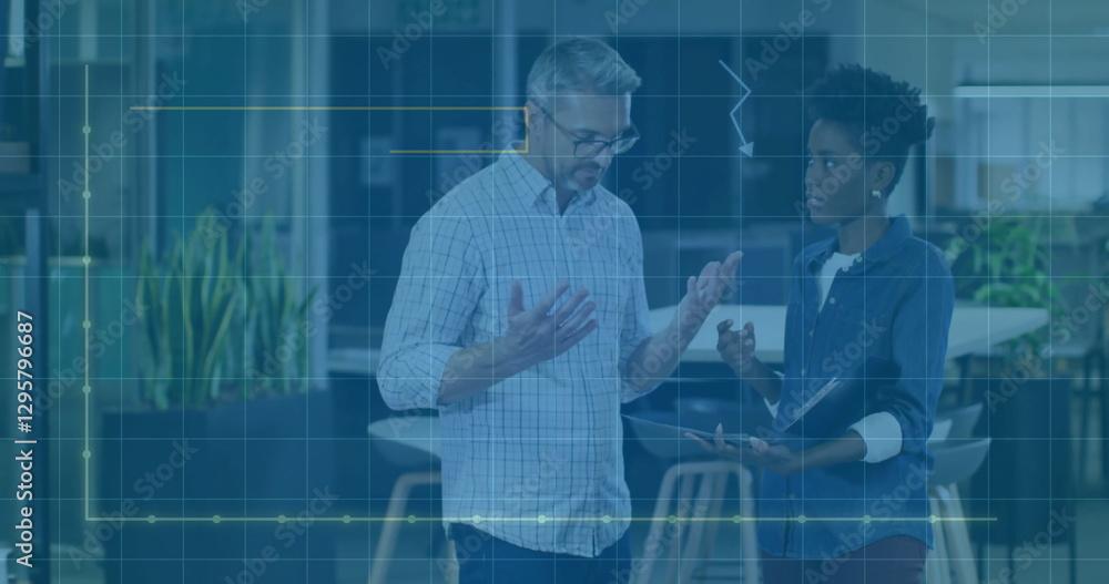 Poster image of data processing and diagrams over diverse colleagues talking in office