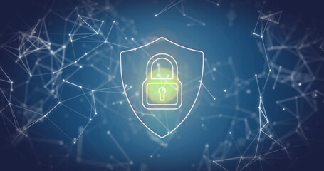 Image of network of connections and data processing with padlock icon on blue background