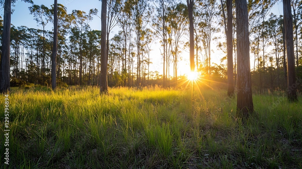 Poster golden hour in a lush forest with tall eucalyptus trees and sunlight streaming through the leaves : 