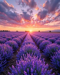 Obraz premium Sunset Lavender Field: Rows of Purple Flowers at Golden Hour