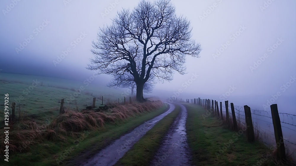 Poster Misty Landscape with a Tree Along a Winding Pathway in Fog : Generative AI
