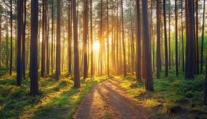 Fototapeta premium Sunlight Path Through Pine Forest at Sunset (1)