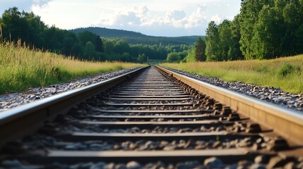 Scenic Railway Tracks Surrounded by Lush Greenery Under a Bright Blue Sky : Generative AI