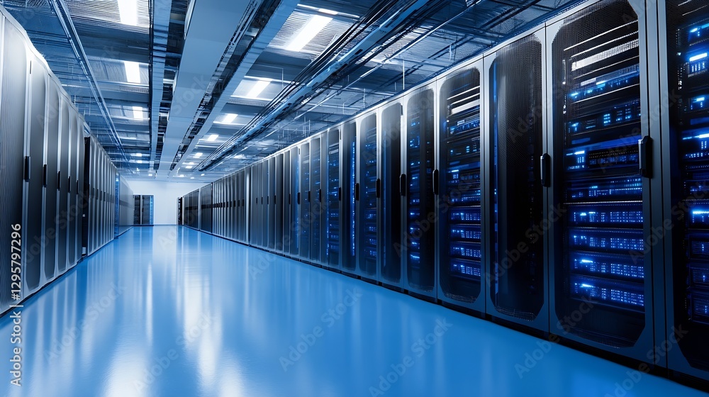 Poster Modern Data Center Interior with High Tech Server Racks and Blue LED Lighting for Cloud Computing : Generative AI