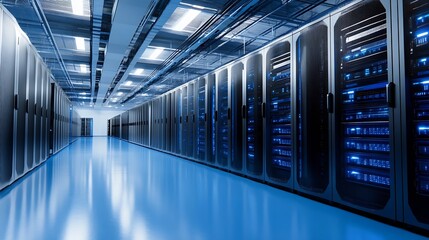 Modern Data Center Interior with High Tech Server Racks and Blue LED Lighting for Cloud Computing : Generative AI