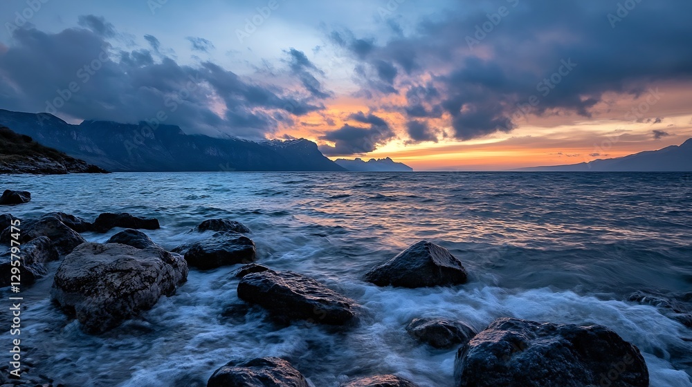 Poster mesmerizing sunset over calm waters with rocky shoreline in twilight : generative ai