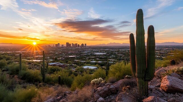 Beautiful sunset over Phoenix skyline with Saguaro cactus in foreground showcasing vibrant desert landscape : Generative AI