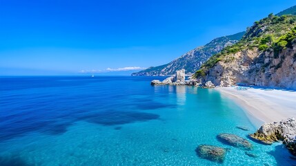 Fototapeta premium Stunning Tropical Beach with Crystal Clear Waters and Rocky Cliffs Under Bright Blue Skies : Generative AI