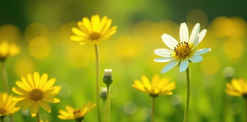 White cuckoo flowers peek out from beneath bright yellow dandelions in a sunny spring field, meadow, dandelion, sunflower