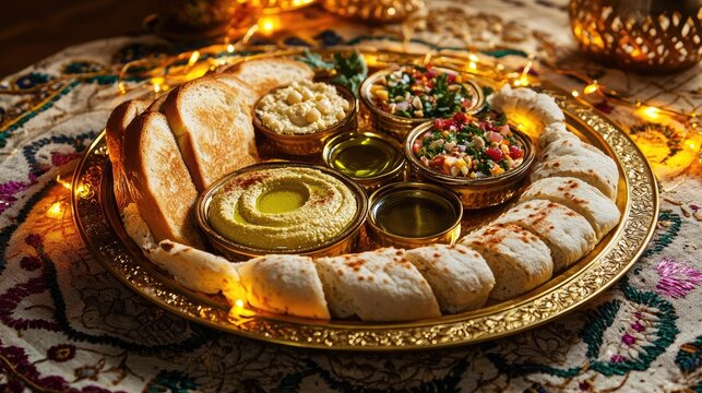 A golden platter filled with traditional Arabic bread and dips like hummus and olive oil
