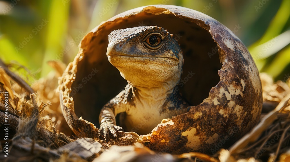Poster close-up of a newly hatched lizard emerging from a broken eggshell surrounded by natural environment