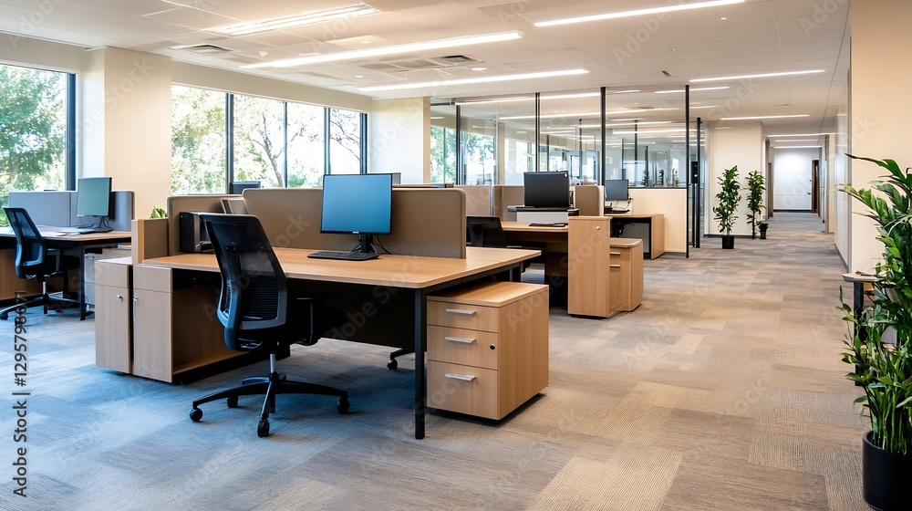 Poster modern and spacious office environment with workstations and natural light : generative ai