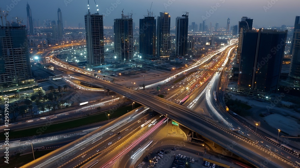 Aufkleber aerial view of a bustling city with illuminated highways and modern skyscrapers at dusk : generative