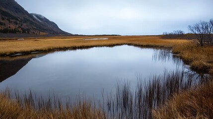 Serene Marshland Landscape with Still Waters Reflected by Autumn Colors and Sparse Grass : Generative AI