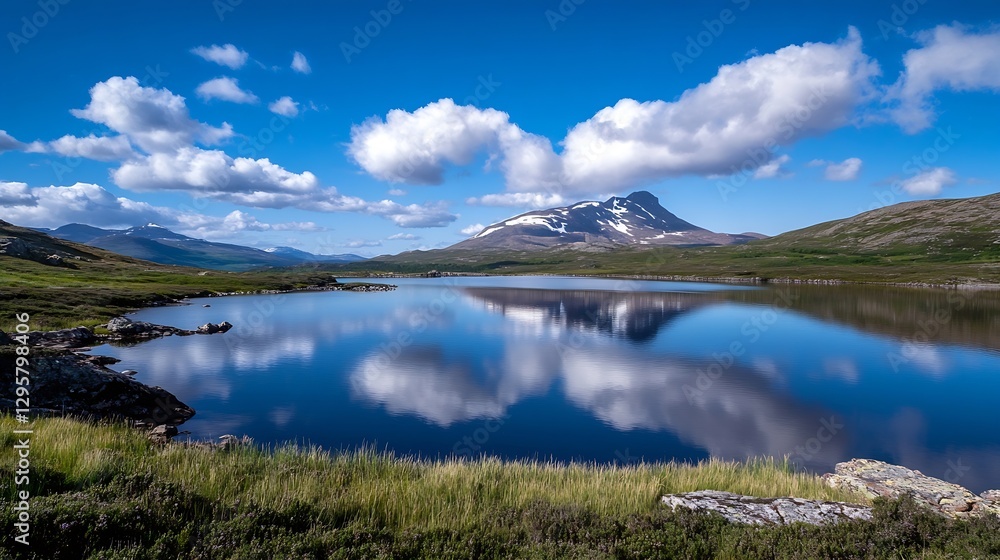 Poster stunning mountain landscape reflection in serene lake under a clear blue sky with fluffy clouds : ge