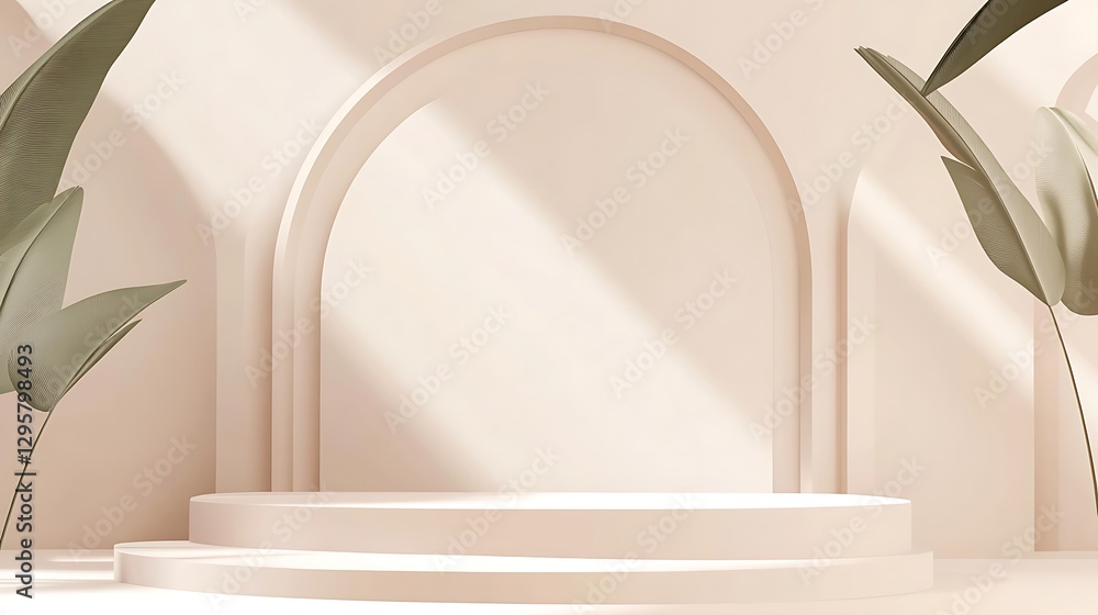 Poster a minimalistic display with plants and arch shaped structures