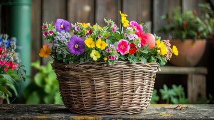 Vibrant easter eggs in a flower embellished woven basket celebrating the joy of springtime