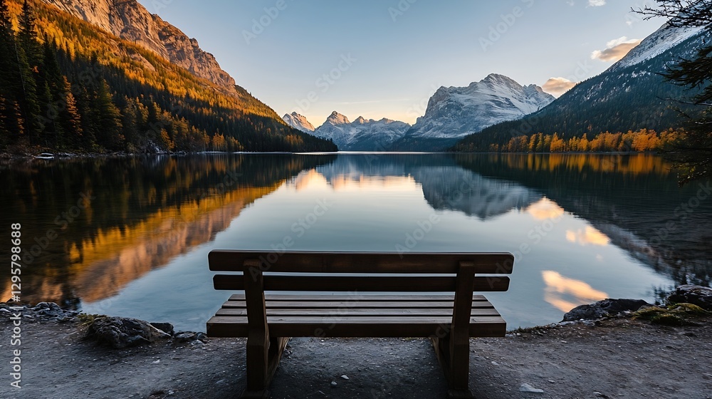 Aufkleber serene lake view at sunrise with reflection of majestic mountains and wooden bench in peaceful natur