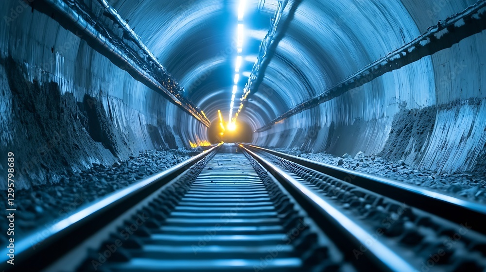 Aufkleber Illuminated Tunnel with Railway Tracks Leading to Light at End : Generative AI