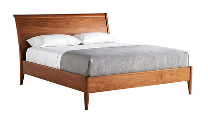 A wooden bed with a gray blanket and white pillows