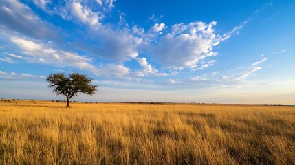 Fototapeta premium Expansive Golden Grassland Under a Beautiful Blue Sky : Generative AI