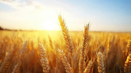 Fototapeta premium Golden wheat field swaying under the warm glow of the setting sun, endless horizon stretching into the distance