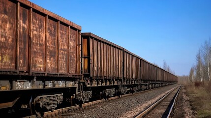 Fototapeta premium Rusty Freight Train Cars Along Abandoned Railroad Tracks with Blue Sky in the Background : Generative AI