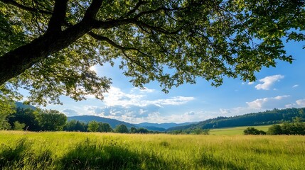 Fototapeta premium Stunning view of vast green meadow with trees and mountains under bright blue sky : Generative AI