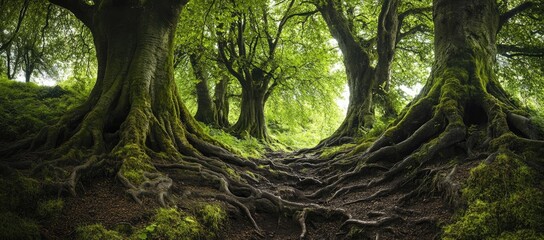 Lush forest path with interwoven roots