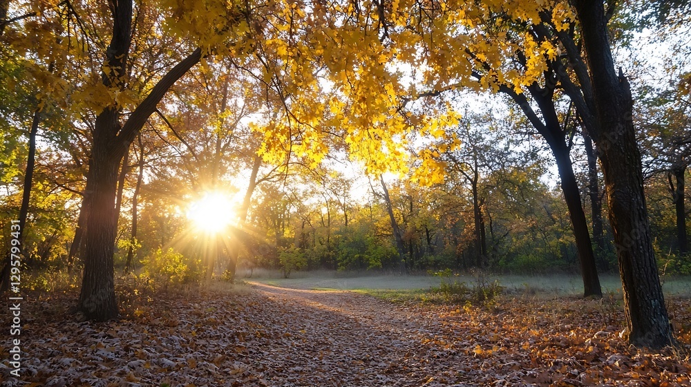 Poster autumn pathway illuminated by the sun with vibrant yellow and orange leaves creating a warm ambiance