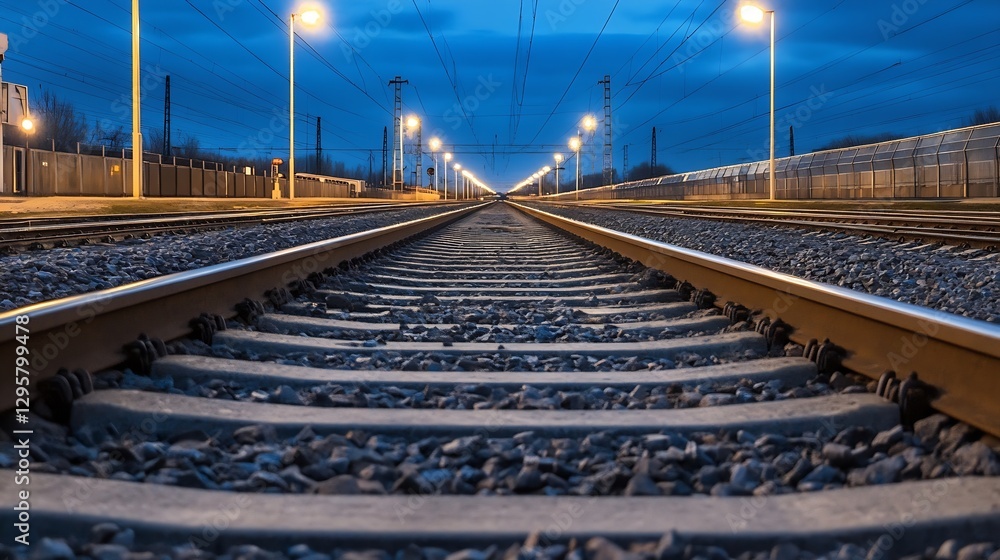 Poster tranquil railway tracks in the evening illuminated by warm lights against a moody cloudy sky : gener