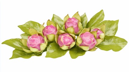 Pink dragon fruit buds, leaves, white background, food design