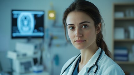Female doctor in medical office with stethoscope, looking at camera with serious expression, hospital background, healthcare professional atmosphere