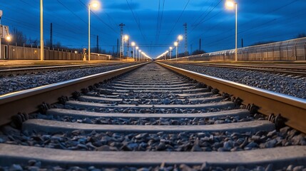 Tranquil railway tracks in the evening illuminated by warm lights against a moody cloudy sky : Generative AI