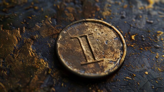 A close-up of a weathered golden coin displaying the Roman numeral II against a textured backdrop.