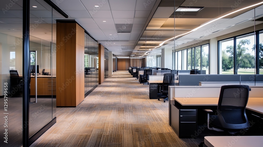Poster Modern Office Interior With Open Space Design and Large Windows : Generative AI
