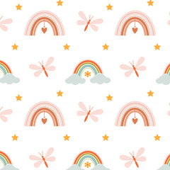 Cute children's pattern with bright fairy rainbows and clouds on a white background
