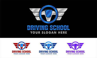 driving school logo vector illustration template with steering and road icon flat design
