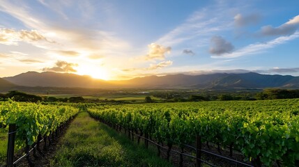 Scenic Vineyard Landscape at Sunset with Mountain View and Green Grapes : Generative AI