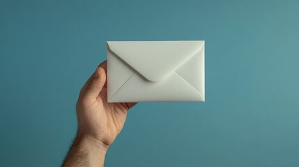 A human hand holding a closed white paper envelope on blue