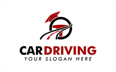 driving school logo vector illustration template with steering and road icon flat design