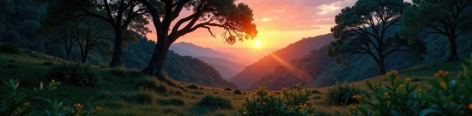 Ancient forest landscape at dusk with juniper and sandalwood trees, nature, serene