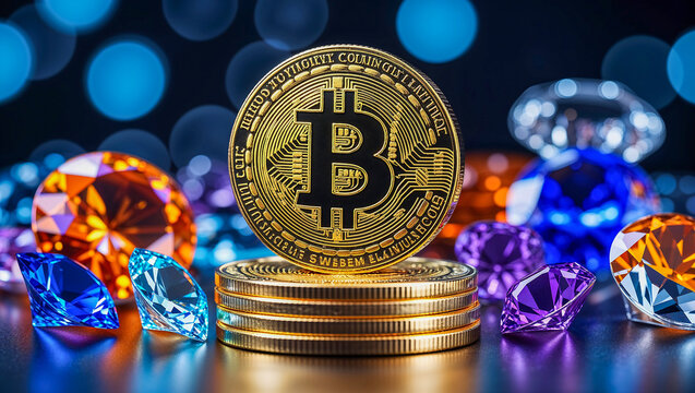 Golden Bitcoin with Colorful Gems Cryptocurrency Concept