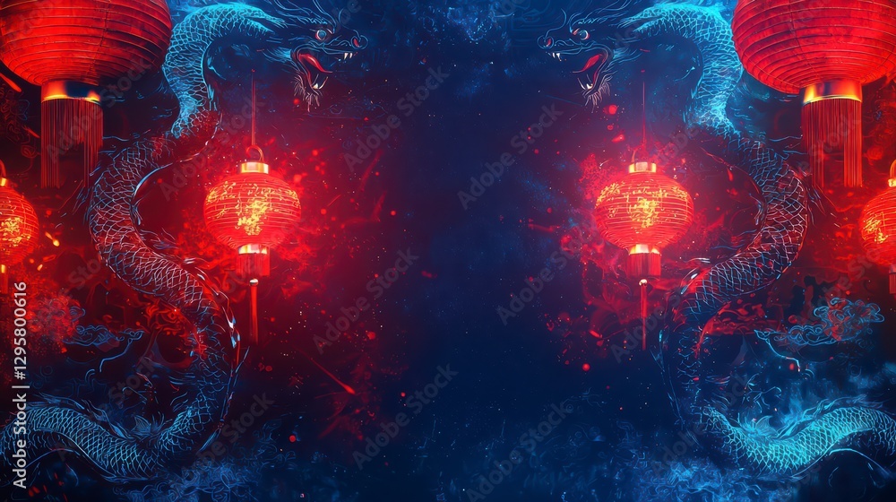 Poster festive lanterns in a mystical realm: bright red lanterns cast a warm glow against an ethereal backd