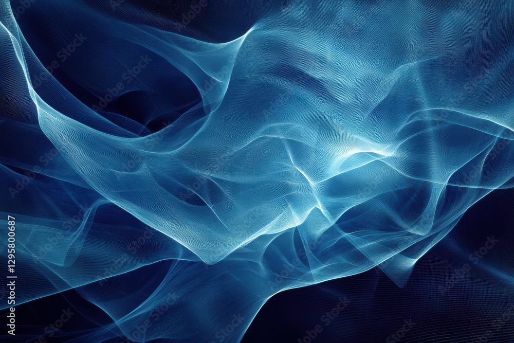 Poster an abstract digital visualization of a glowing blue wave composed of interconnected dots and lines