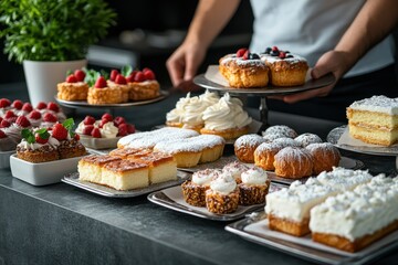 Assorted pastries and desserts displayed on a table at a bakery with a person arranging treats in the background
